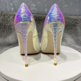 Shiny Silver Crocodile Effect Women Pointy Toe High Heel Shoes