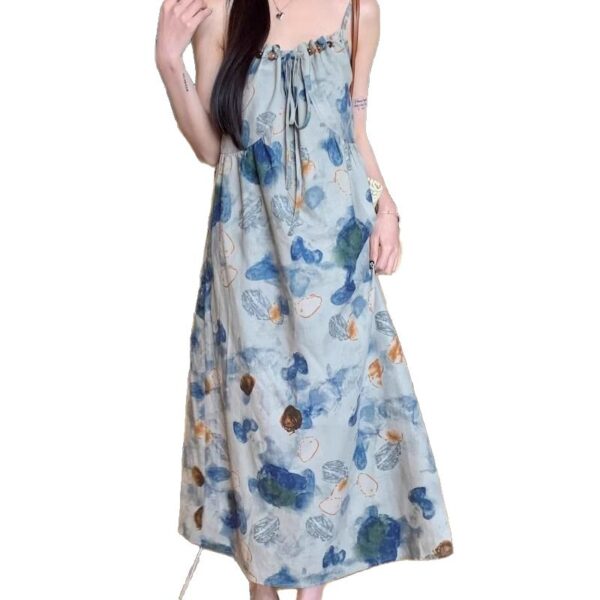Floral Watercolor Print Strap Dress for Women, Summer Elegant Style, Petite-Friendly, Slim Fit, Long Dress