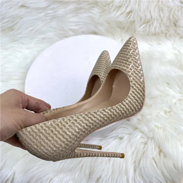 Plaid Glitter Gold Sequined Women Pointy Toe High Heels