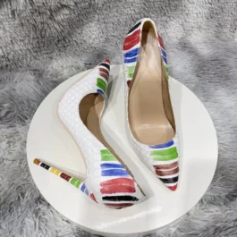 Colored Painted Women White Crocodile Effect Pointy Toe High Heel