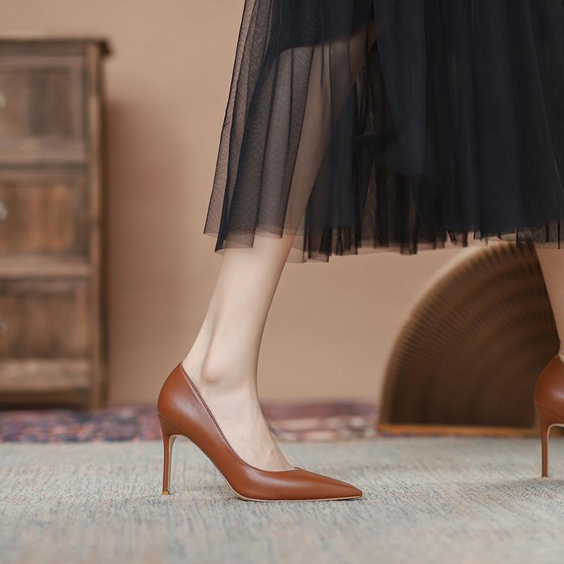 Solid Khaki Brown Matte Pointed Toe Stiletto High Heels - Image 5