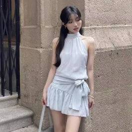 Blue Sleeveless A-Line Mini Dress – Halter Neck & Ruffle Off-Shoulder