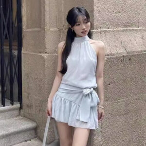 Blue Sleeveless A-Line Mini Dress – Halter Neck & Ruffle Off-Shoulder