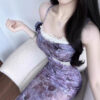 Sensual Lace Spliced Floral Print Strap Dress for Women Summer Fitted Bodycon Mermaid Long Dress