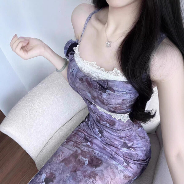 Sensual Lace Spliced Floral Print Strap Dress for Women Summer Fitted Bodycon Mermaid Long Dress