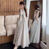 Gentle Style Striped Bow Neckline V-Neck Dress for Women, Summer Beach Vacation A-Line Dress, French Chic Long Dress
