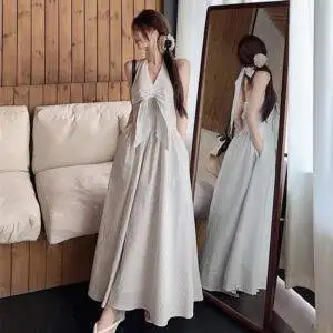 564075264 Gentle Style Striped Bow Neckline V-Neck Dress for Women, Summer Beach Vacation A-Line Dress, French Chic Long Dress