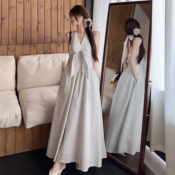 Gentle Style Striped Bow Neckline V-Neck Dress for Women, Summer Beach Vacation A-Line Dress, French Chic Long Dress
