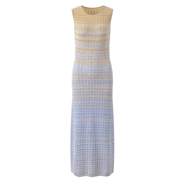 French Style Blue Gradient Mesh Sleeveless Slim Fit Vacation Knit Dress