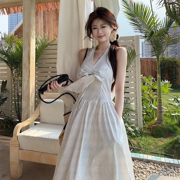 Gentle Style Striped Bow Neckline V-Neck Dress for Women, Summer Beach Vacation A-Line Dress, French Chic Long Dress