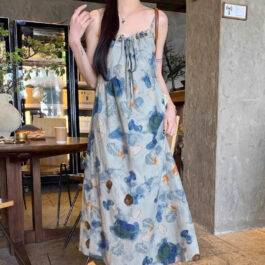 Floral Watercolor Print Strap Dress for Women, Summer Elegant Style, Petite-Friendly, Slim Fit, Long Dress