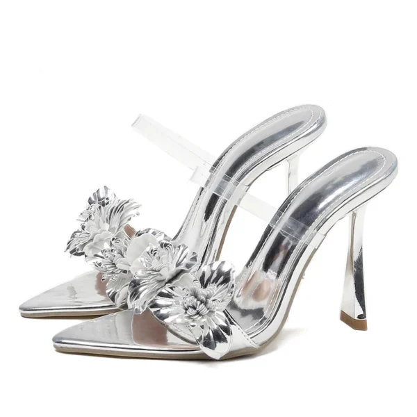 PVC Transparent Flower Sexy Pointed Toes Thin Heels Slippers