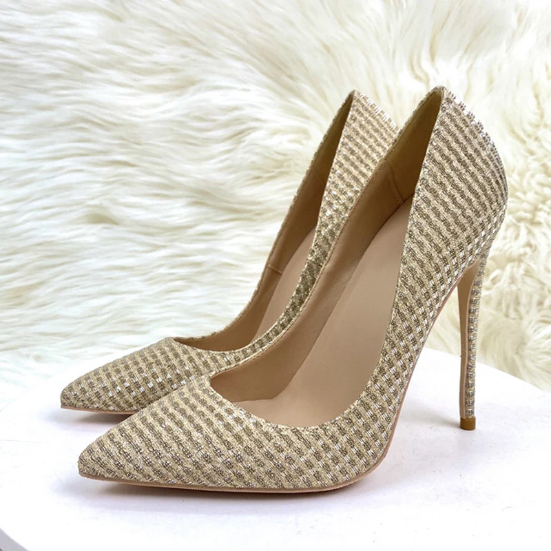 gold sequined pointy toe high heels for women