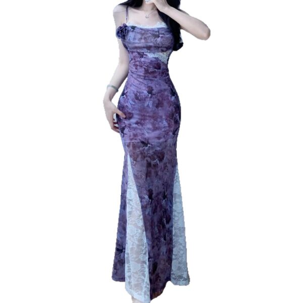Sensual Lace Spliced Floral Print Strap Dress for Women Summer Fitted Bodycon Mermaid Long Dress