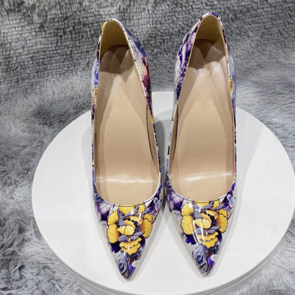 Flowers Paiting Print Glossy Pointy Toe Stiletto Pumps Chic Designer Ladies Slip On High Heel