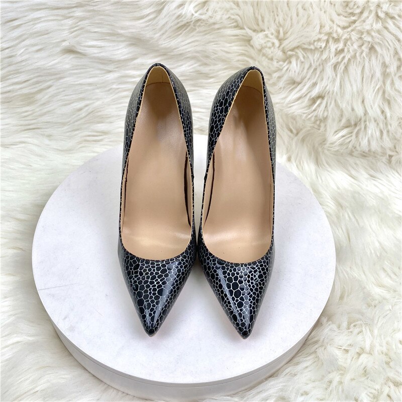 Geometry Pattern Print Women Black Patent Pointy Toe High Heel - Image 5