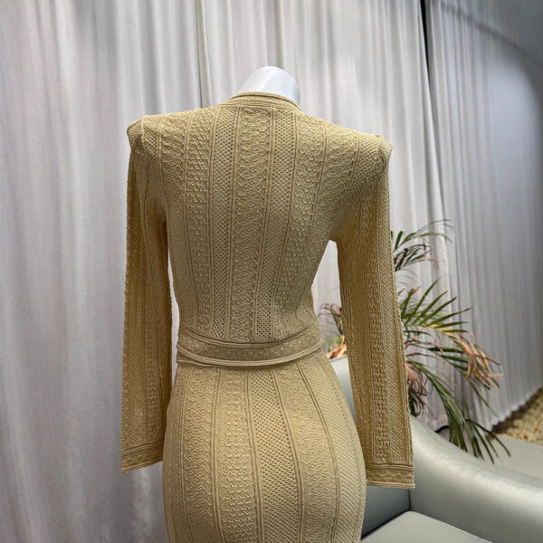 French Elegant Ribbed Gold Hollow Pattern Refined Commute Top + Skirt Set for Women