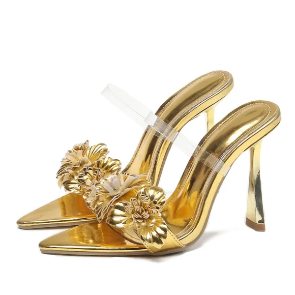 PVC Transparent Flower Sexy Pointed Toes Thin Heels Slippers