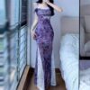 Sensual Lace Spliced Floral Print Strap Dress for Women Summer Fitted Bodycon Mermaid Long Dress
