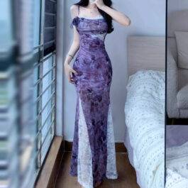 Sensual Lace Spliced Floral Print Strap Dress for Women Summer Fitted Bodycon Mermaid Long Dress