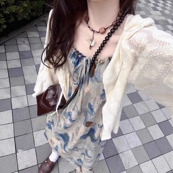 Floral Watercolor Print Strap Dress for Women, Summer Elegant Style, Petite-Friendly, Slim Fit, Long Dress