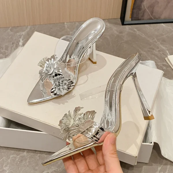 PVC Transparent Flower Sexy Pointed Toes Thin Heels Slippers