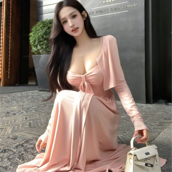 French Style Pure Seductive Pink Strapless Dress for Women, Autumn Winter Cardigan Matching Long Dress Set