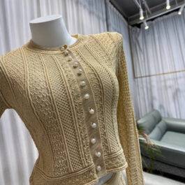 French Elegant Ribbed Gold Hollow Pattern Refined Commute Top + Skirt Set for Women