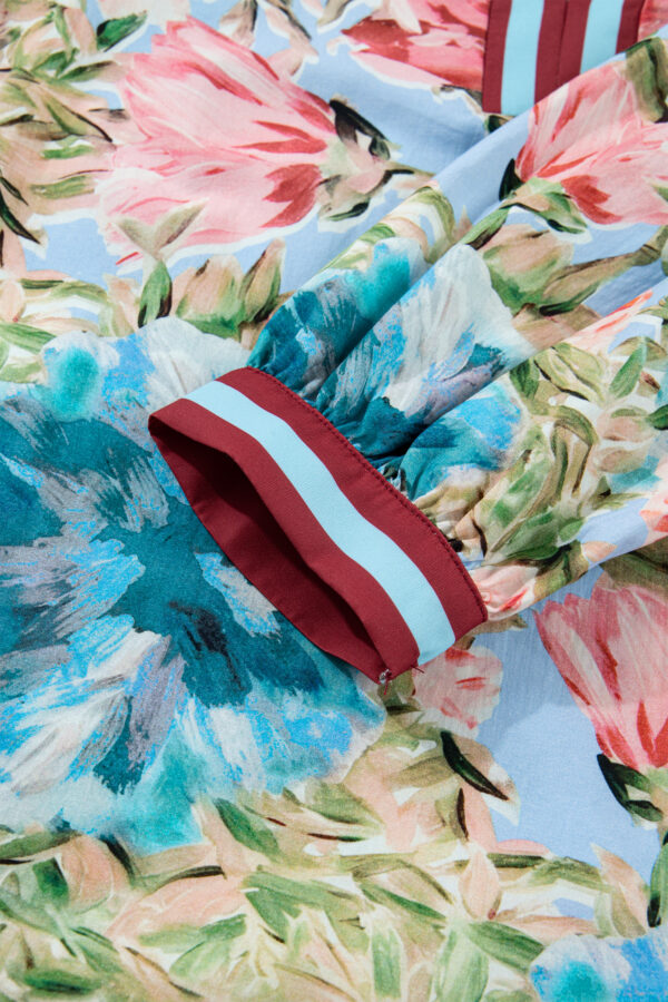 Sky Blue Contrast Trim V Neck Cuffed Bracelet Sleeve Floral Blouse