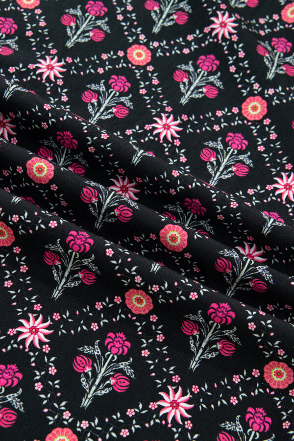 Black Contrast V Neckline Bracelet Sleeve Vintage Floral Blouse