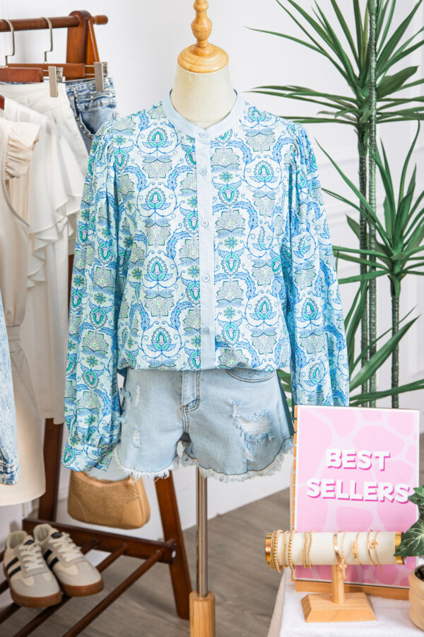 Sky Blue Paisley Print Puff Sleeve Loose Shirt