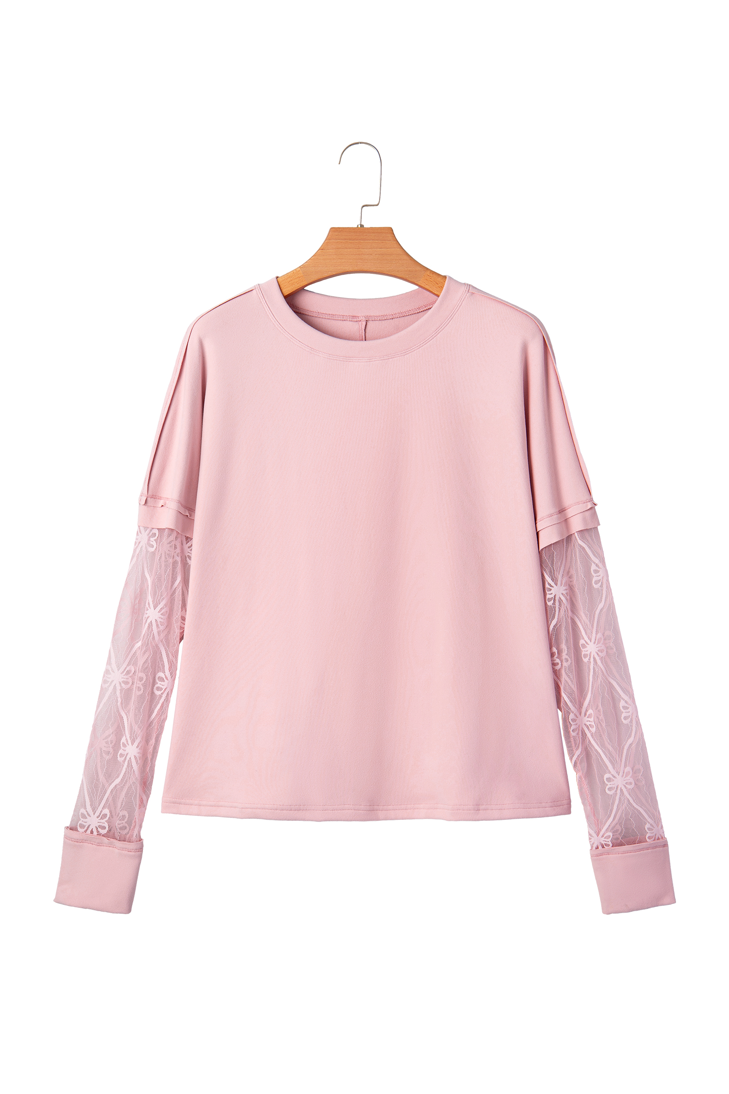 Light Pink Solid Color Bow Textured Patchwork Long Sleeve Tee - Image 15