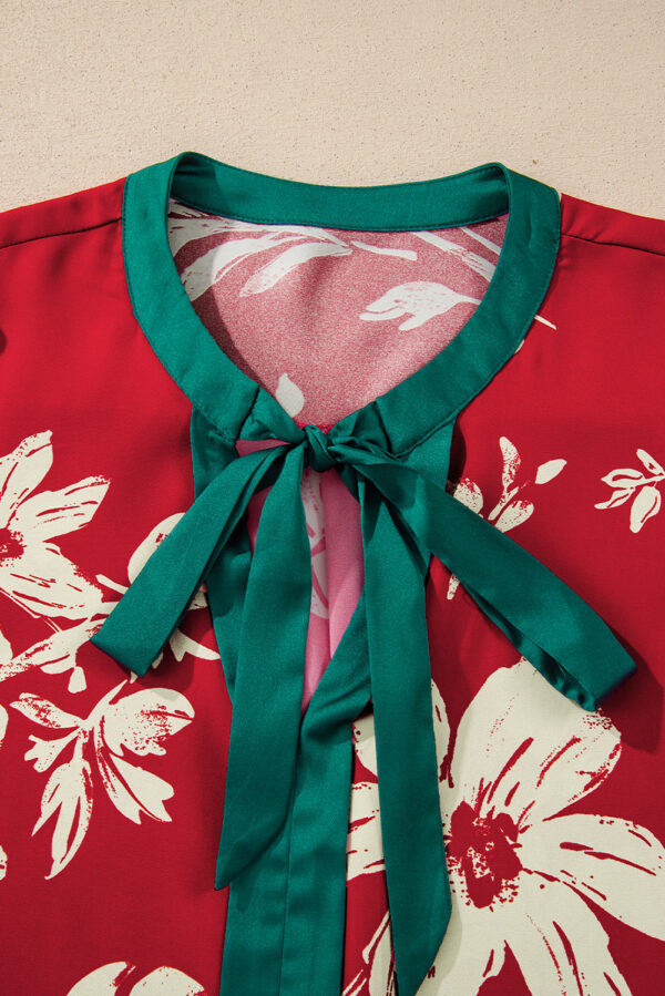 Red Contrast Tied Neck Shirred Puff Sleeve Flower Blouse