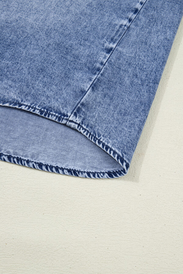 Dusk Blue Vintage Wash Denim Ruffle Detail Button Down Shirt