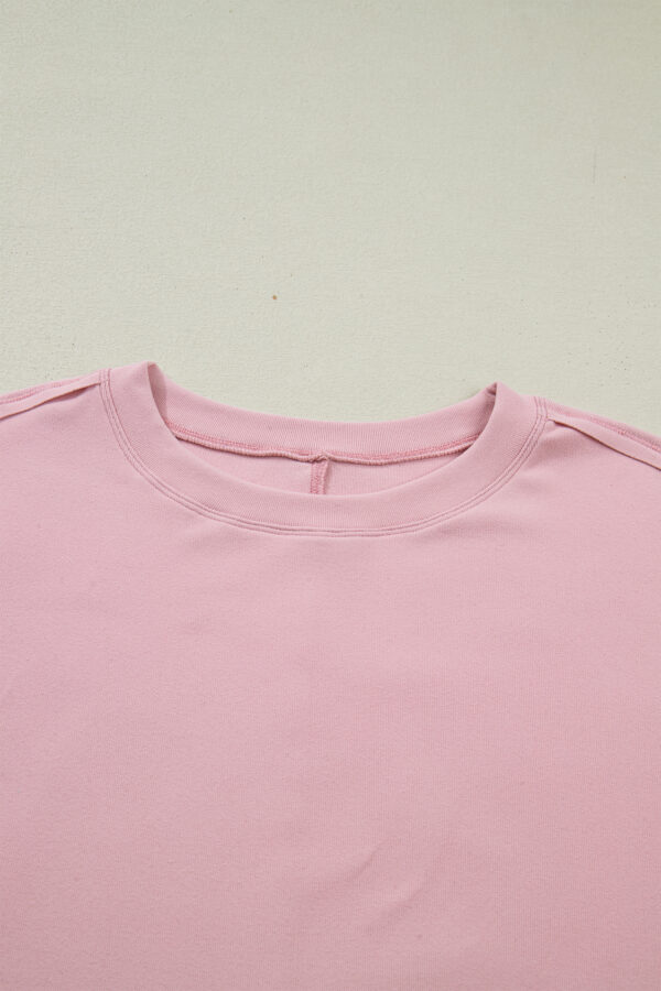 Light Pink Solid Color Bow Textured Patchwork Long Sleeve Tee