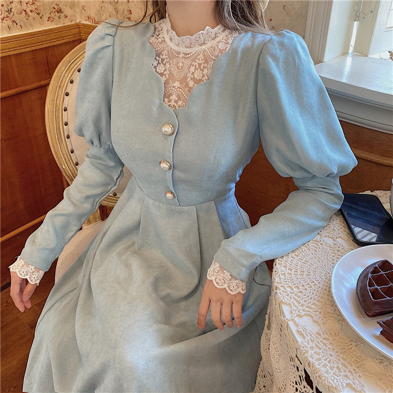 Solid Elegant Dress Women Winter Patchwork Lace Party - Image 2