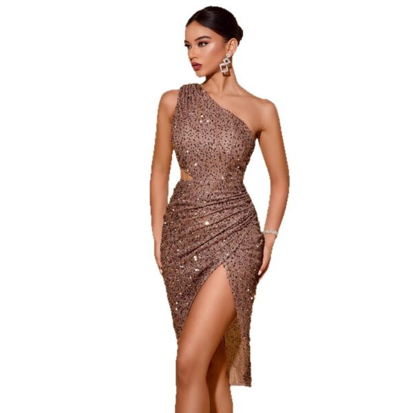 One-Shoulder Sequin Slit Evening Party Dress – Luxury Glam Banquet Dress