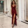 V-Neck Sequin Spaghetti Strap Maxi Party Dress – Elegant Designer Cocktail Dress