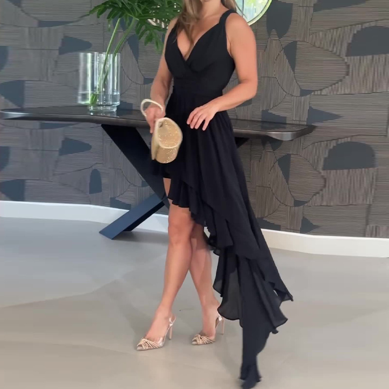 Luxury Low Cut Irregular Ruffled Sling Dress – Celebrity Designer Evening Wear - Image 4