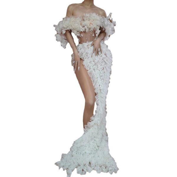 White Mesh High Slit Dress – Elegant Designer Look