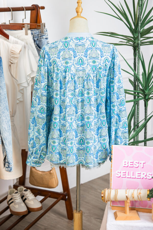 Sky Blue Paisley Print Puff Sleeve Loose Shirt