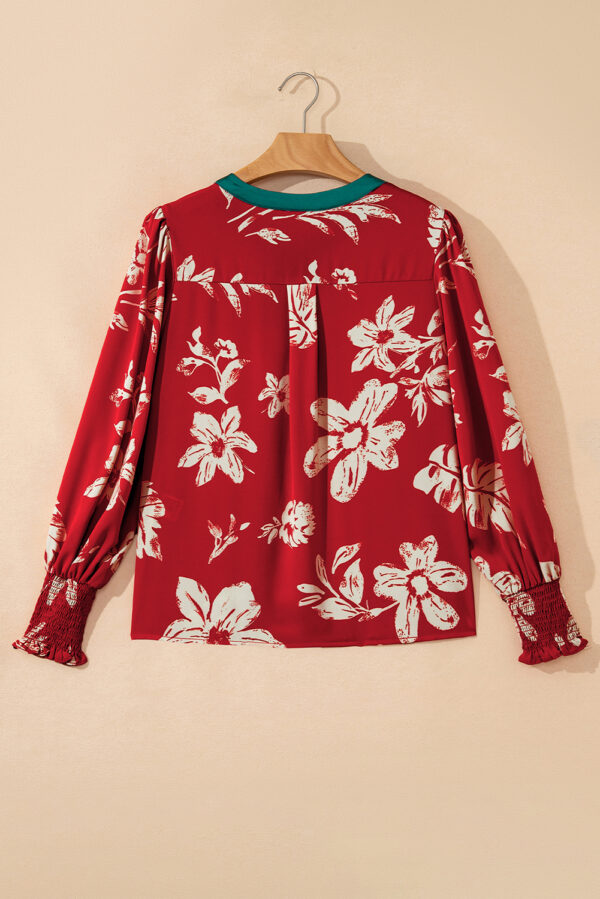 Red Contrast Tied Neck Shirred Puff Sleeve Flower Blouse