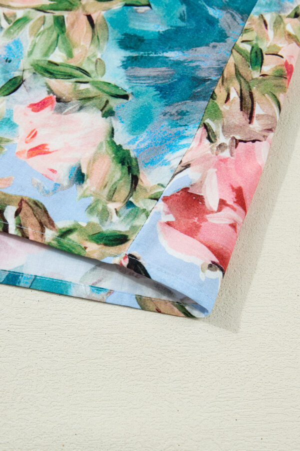 Sky Blue Contrast Trim V Neck Cuffed Bracelet Sleeve Floral Blouse