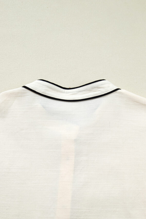 Beige Contrast Color Trim Button Down Long Puff Sleeve Shirt