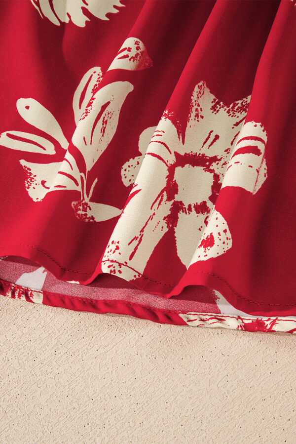 Red Contrast Tied Neck Shirred Puff Sleeve Flower Blouse