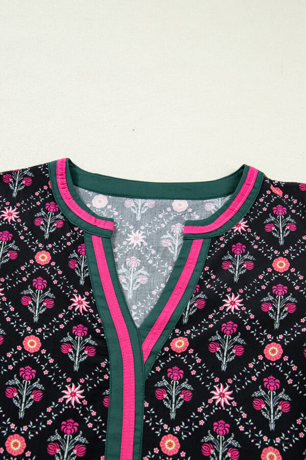 Black Contrast V Neckline Bracelet Sleeve Vintage Floral Blouse