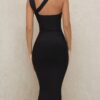 565301894 One Shoulder Midi Dress Sexy Waist Hollow Out Design Celebrity Party Club Bandage Dress
