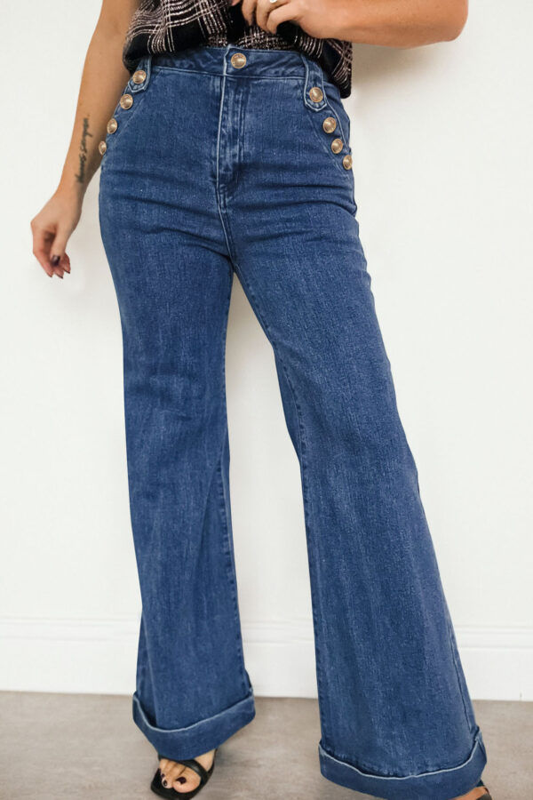 99027885-00a39bcd383a560e.jpg Ashleigh Blue Golden Button Detail Rolled Edge Flare Leg Jeans