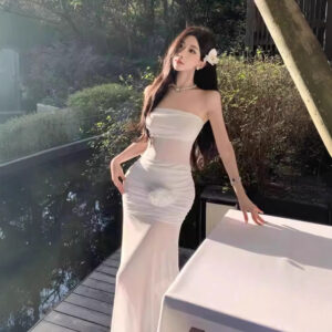 564075039 Elegant Bohemian Sexy Sheer Mesh Floral Strapless Dress