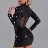 Long Sleeve Bandage Dress Sequin Mesh Beaded Banquet Party Dress
